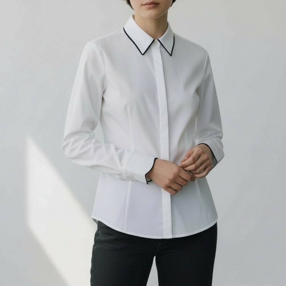 Massimo Dutti Studio White Button Down With Black Piping Detail